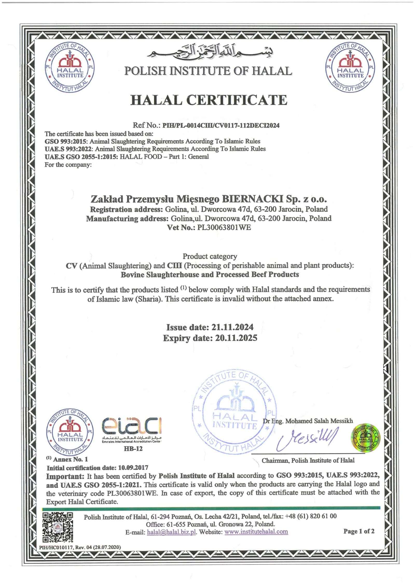 Certificat Halal — ZPM Biernacki (Pologne) — page 1
