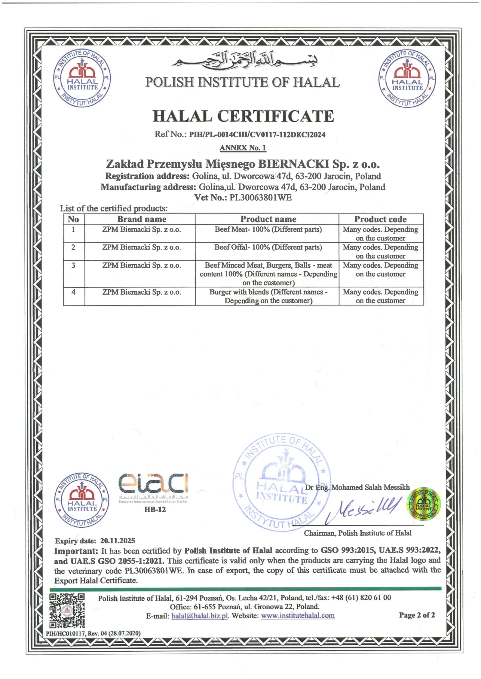 Certificat Halal — ZPM Biernacki (Pologne) — page 2