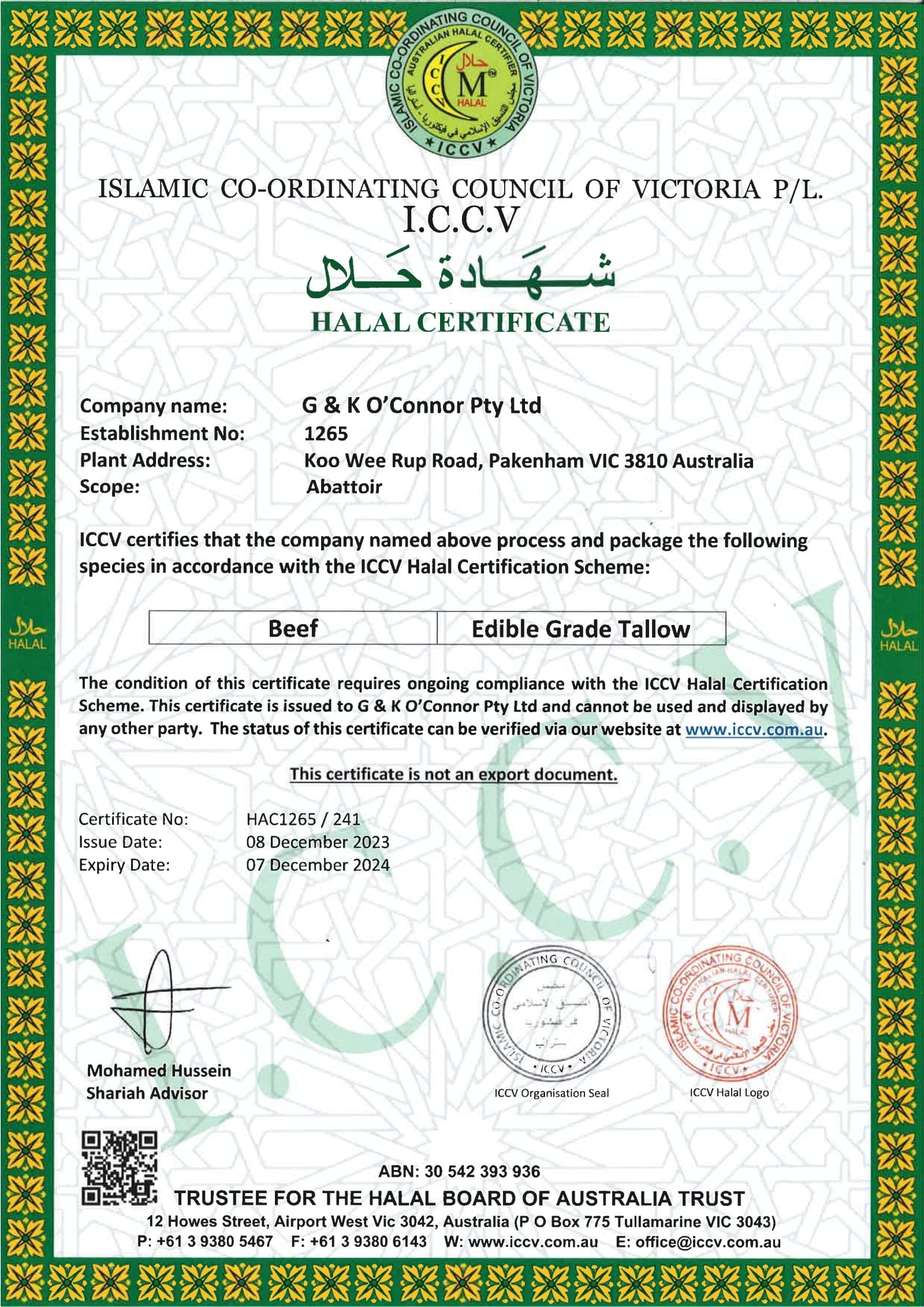 Certificat Halal — Blackmore Wagyu — page 1