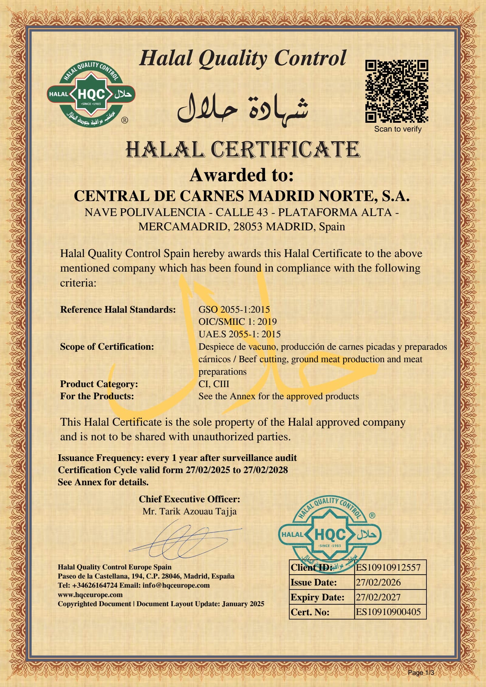 Certificat Halal — Central de Carnes Madrid Norte — page 1