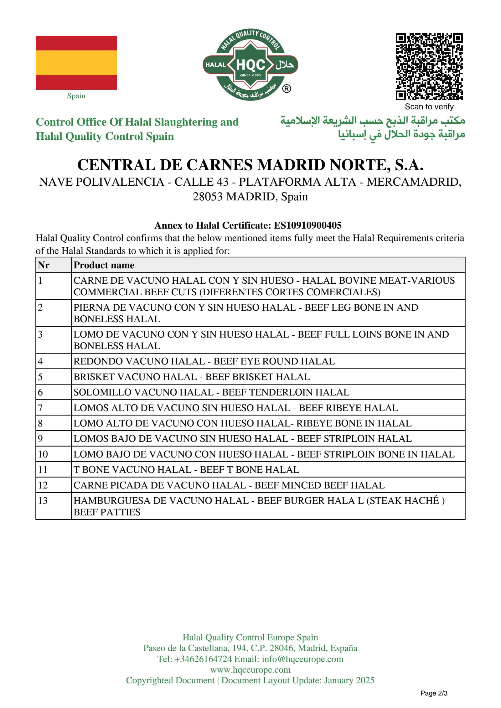 Certificat Halal — Central de Carnes Madrid Norte — page 2