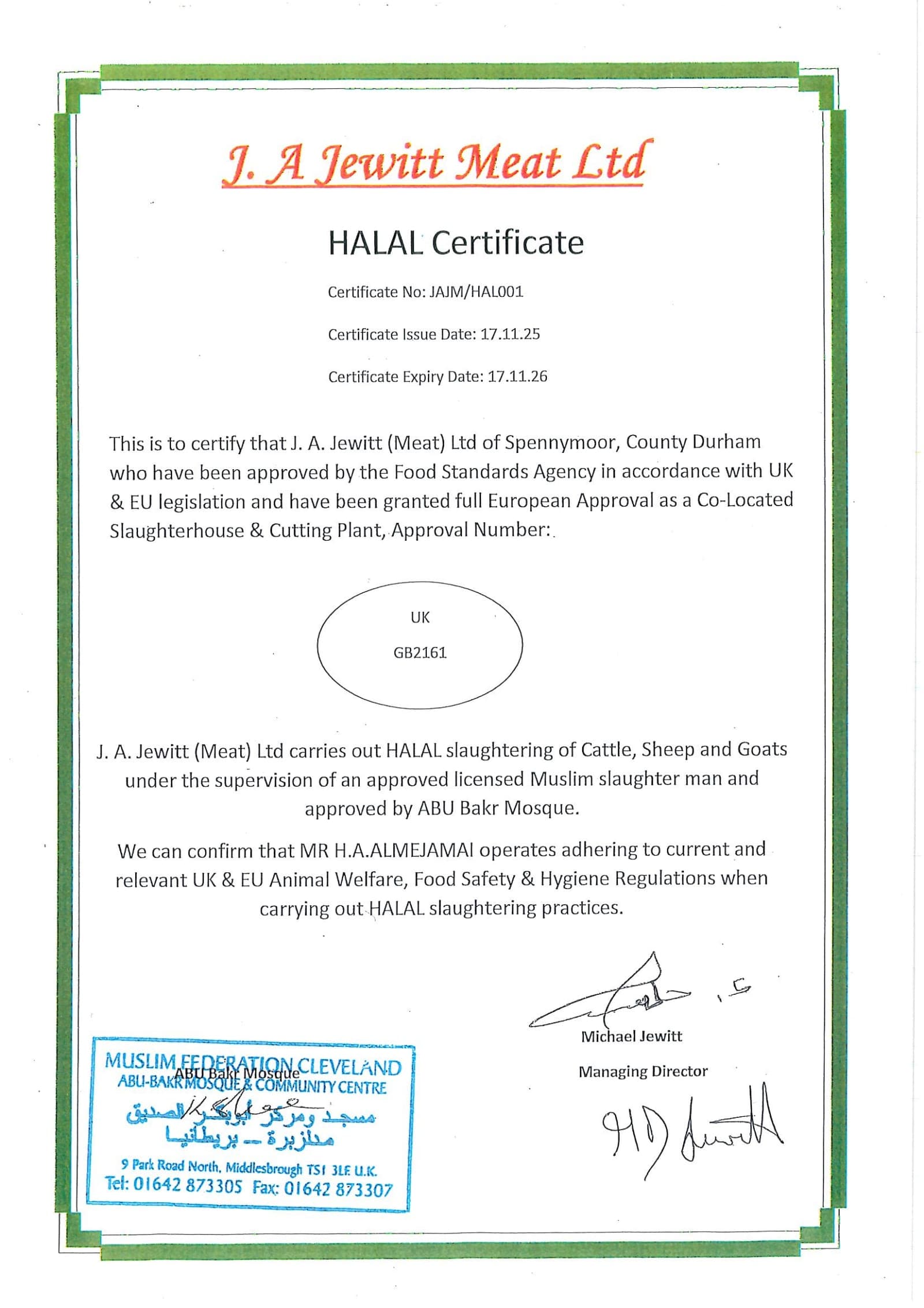 Certificat Halal — J.A. Jewitt (Royaume-Uni) — page 1