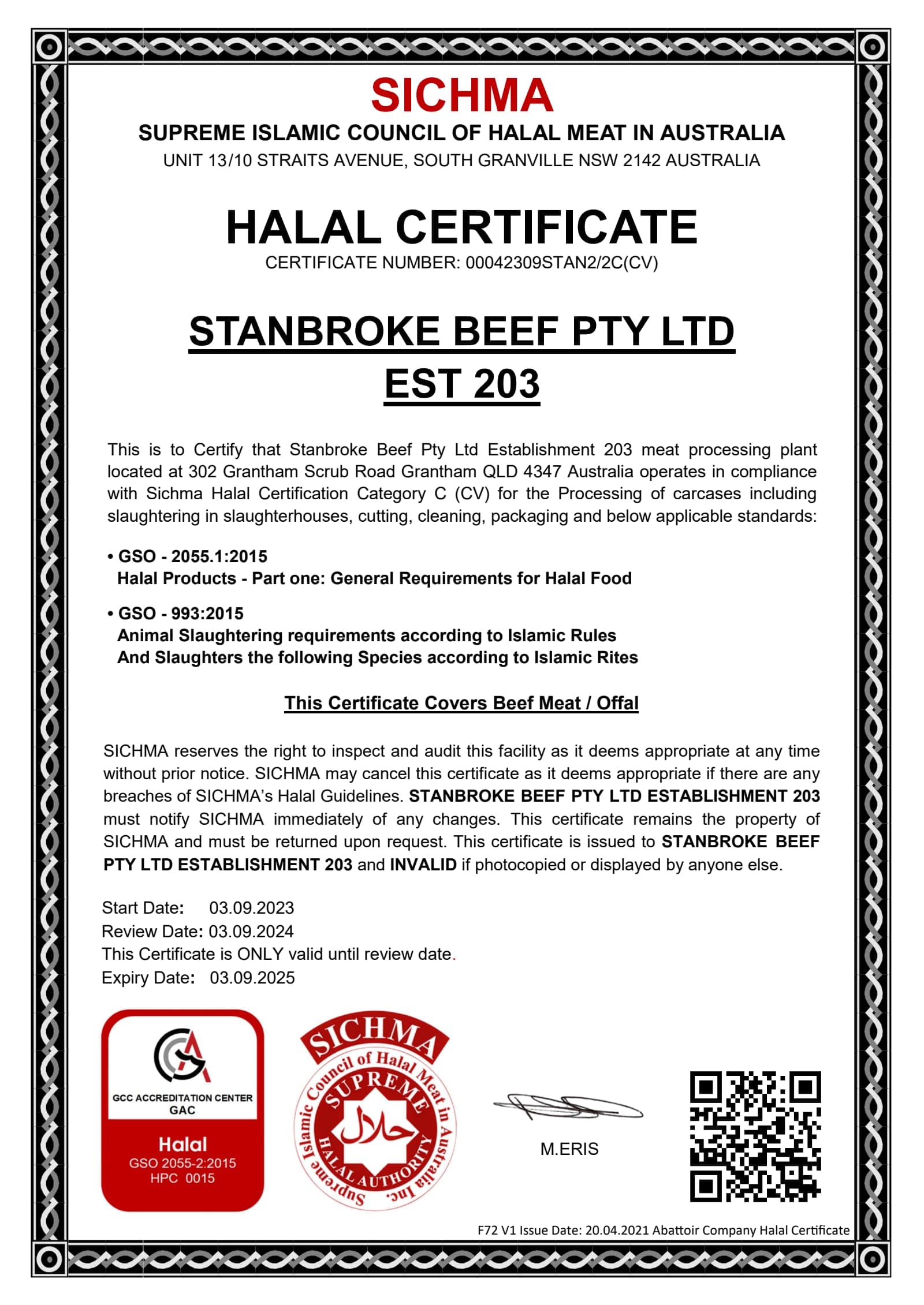 Certificat Halal — Westholme Wagyu — page 1